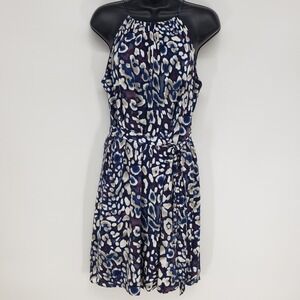 DKNY Abstract Animal Print Halter Dress M Medium Blue Belted Sleeveless Sundress